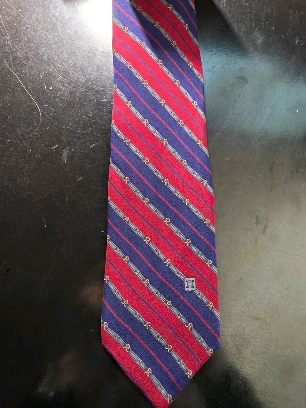 Vintage CELINE Paris Men's Red Blue Striped Silk Tie Logo Accent